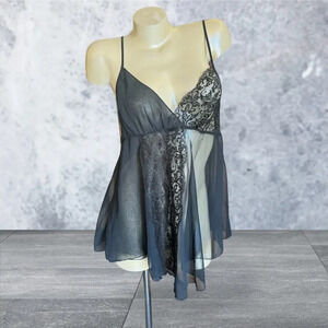 Vintage Victoria’s Secret Gold Label Navy Blue Shear Lace Slip Mini Dress, 90s